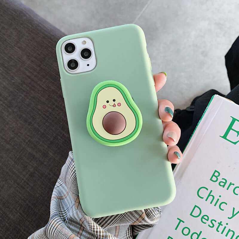 Avocado-themed silicone phone case with ring, stylish back cover for mobile devices, shockproof protection.