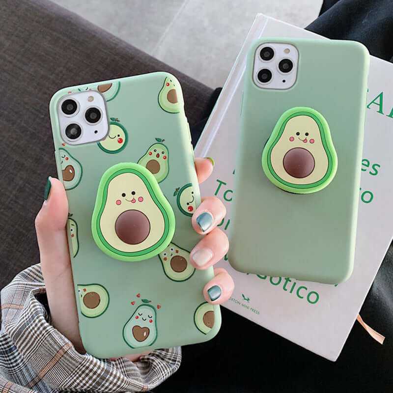 Avocado phone cases in silicone with shockproof design and ring, featuring cute avocado illustrations on a green background.