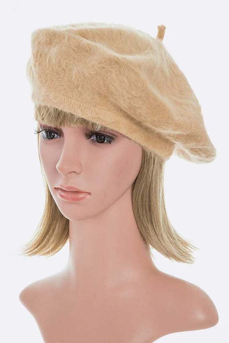Stylish faux fur winter beret on a mannequin, showcasing a chic and cozy winter fashion accessory.