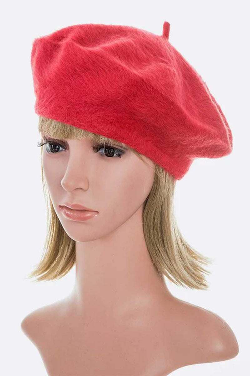 Stylish red faux fur chic winter beret displayed on a mannequin, perfect for elevating winter fashion.