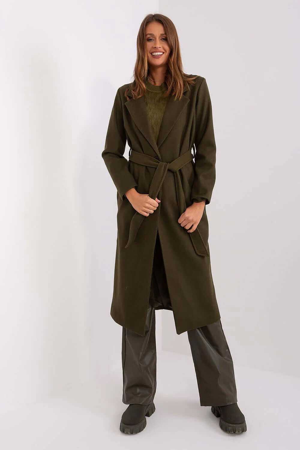 Stylish mid-length coat for women in olive green, featuring a belted waist and practical pockets.