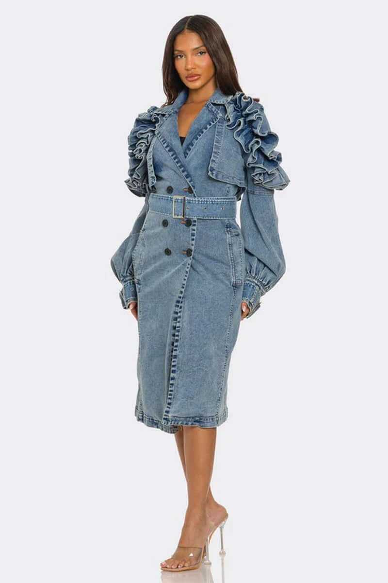 Woman wearing stylish ruffled edge denim trench coat with balloon sleeves and belted waist
