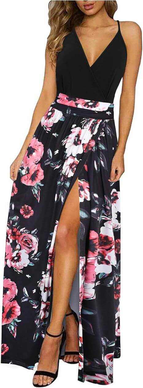 V-neck wrap spaghetti strap dress with floral print and thigh slit