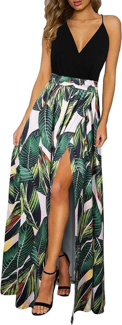 Black V-neck wrap spaghetti strap dress with tropical leaf print high-waist long skirt and slit