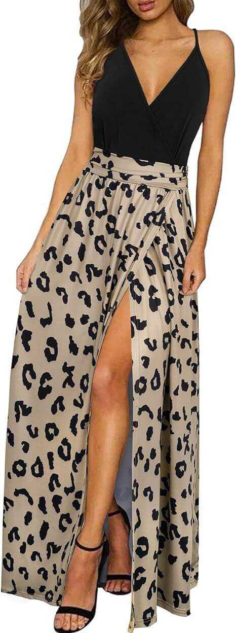 Stylish V-neck wrap spaghetti strap dress with leopard print high waist long skirt