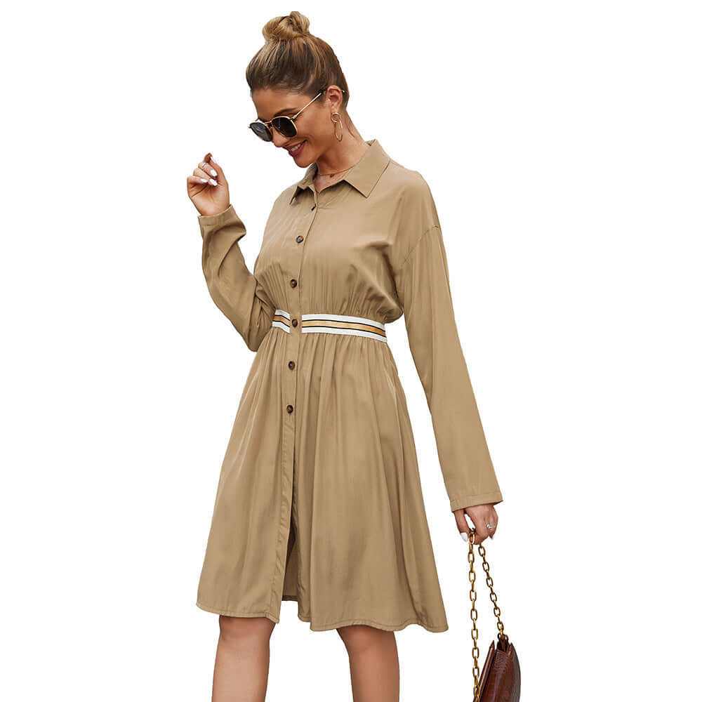Casual women's summer dress featuring a mid-length A-line style, lapel collar, and elastic waist in a chic tan color.