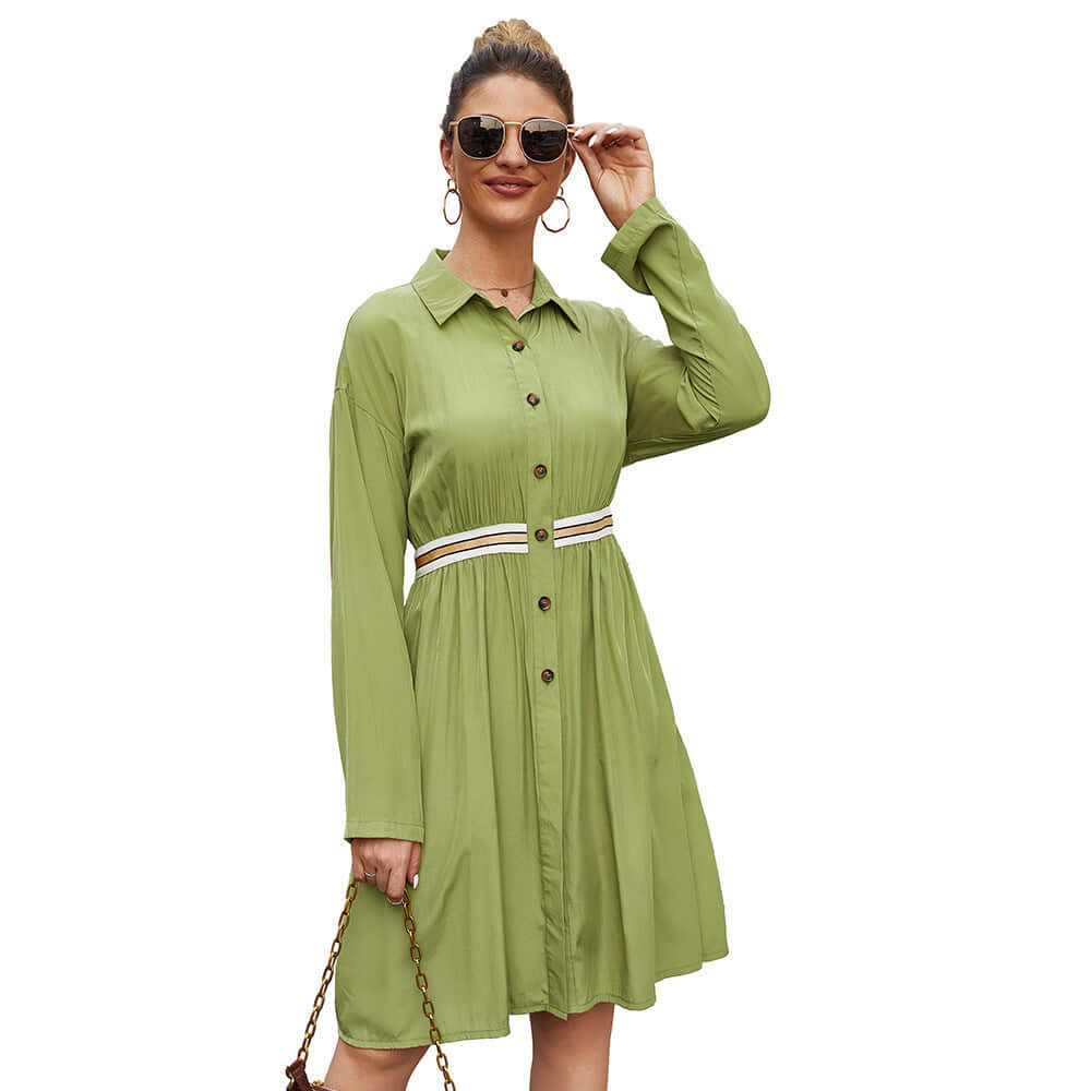Casual mid-length A-line summer dress for women in green with button placket and elastic waist, perfect for warm weather.