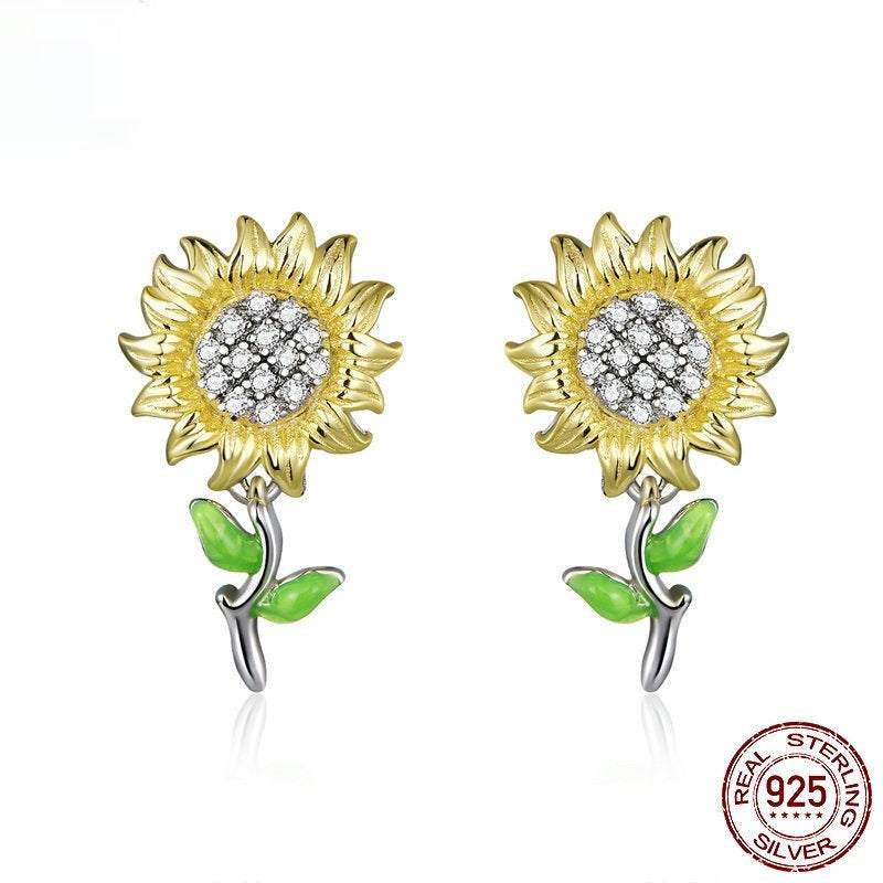 Sunflower S925 silver stud earrings with gold plating and green leaf detail