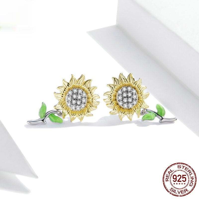 Sunflower S925 silver stud earrings with real gold plating and green leaf detail