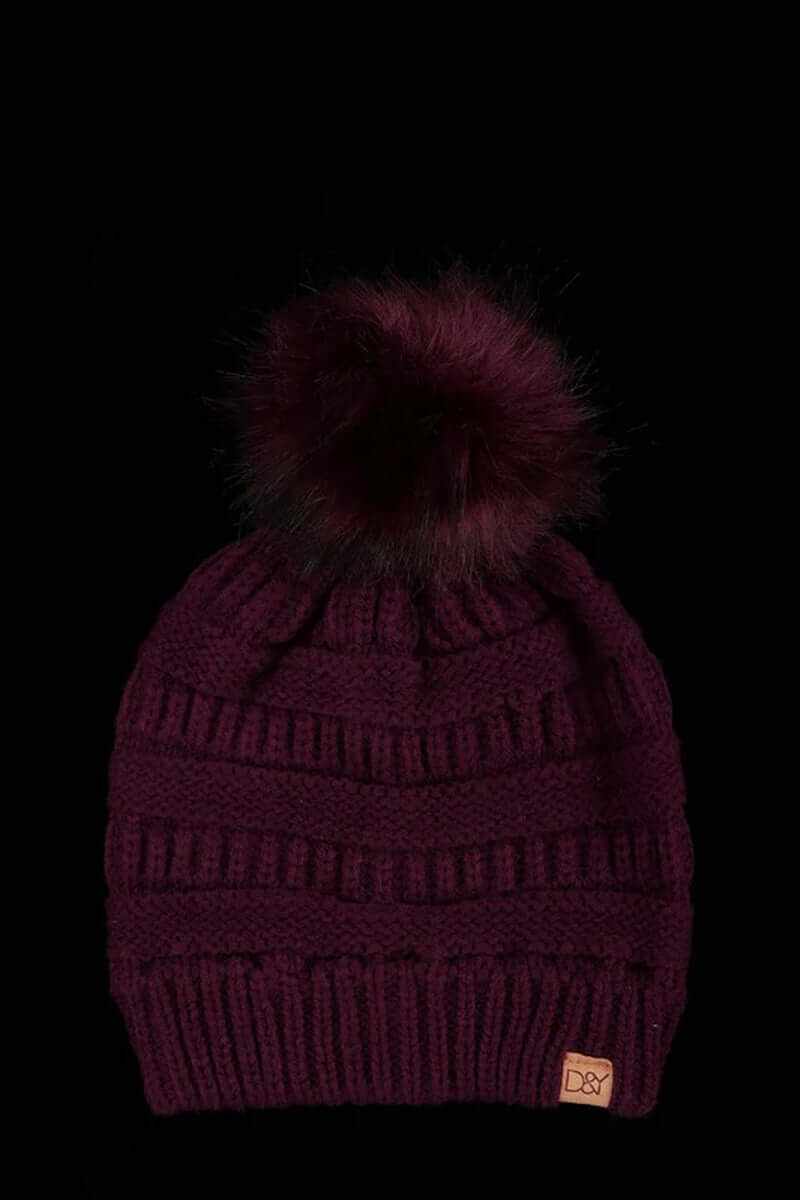 Super soft halo ripped faux fur pom beanie in burgundy with a stylish pom pom on top, perfect for winter fashion.