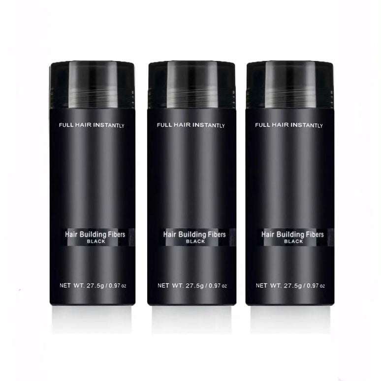 Three black bottles of Thickening Solution Extension Hair Fibers, 27.5g each, for instant hair building and thickening.