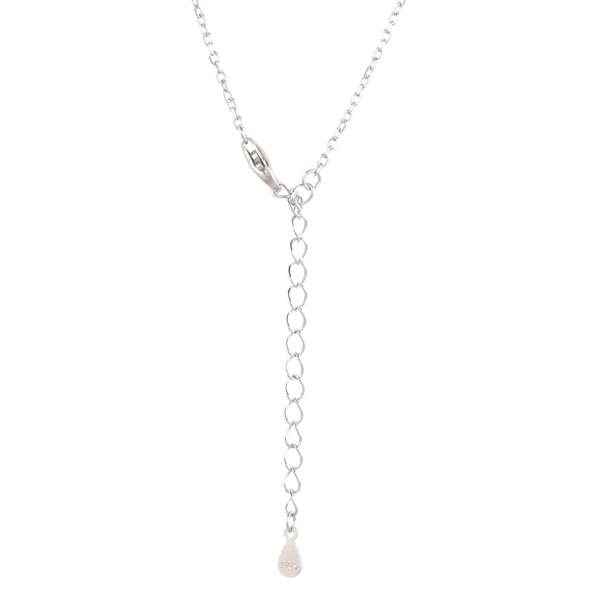 Close-up of a 925 sterling silver necklace featuring a lobster clasp and an adjustable chain design.