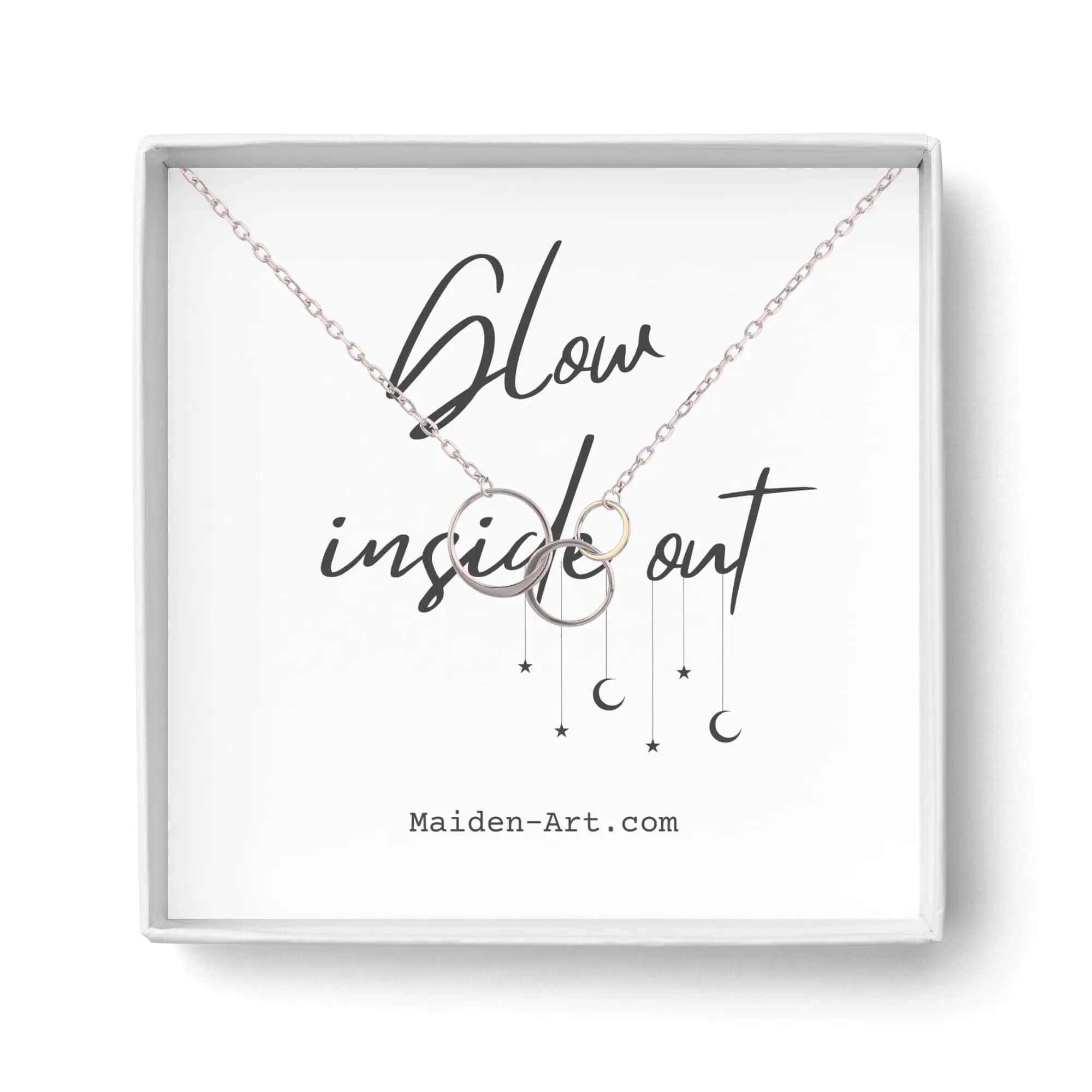 Three Circle Interlocking Pendant Necklace displayed in a gift box with creative text design.