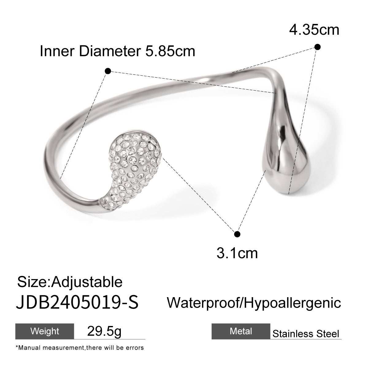 Adjustable titanium steel bracelet with diamond water drop design, stainless steel, waterproof and hypoallergenic, inner diameter 5.85cm