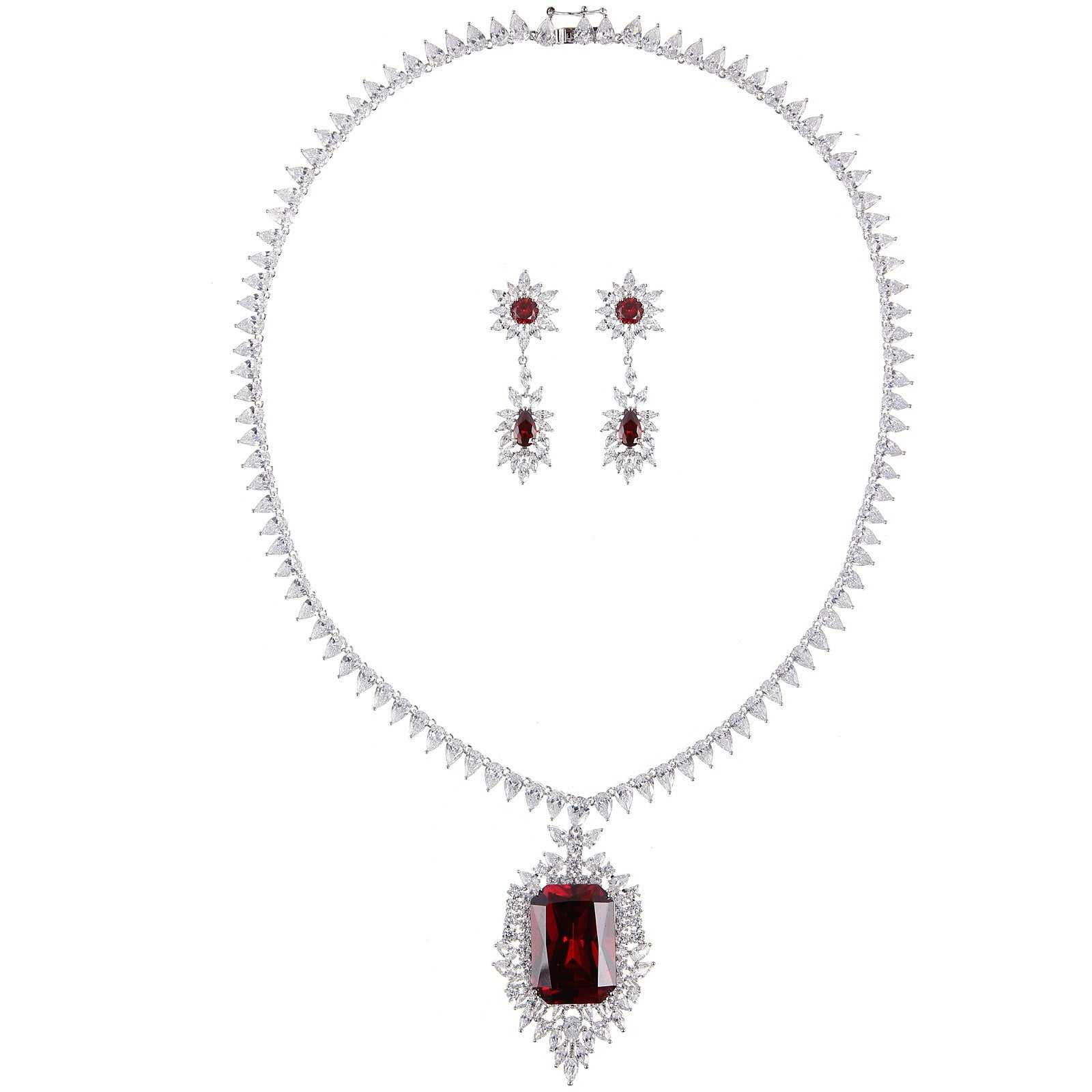 Toast-inspired jewelry set with gold-plated inlaid gems, red gemstone pendant necklace and matching earrings
