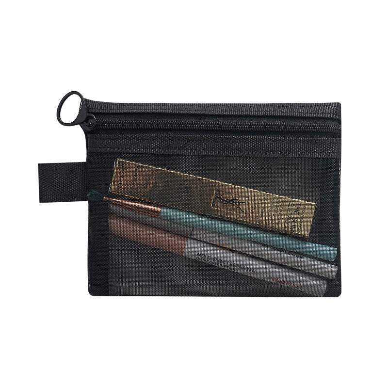 Black transparent mesh makeup organizer bag with zipper and cosmetic items inside
