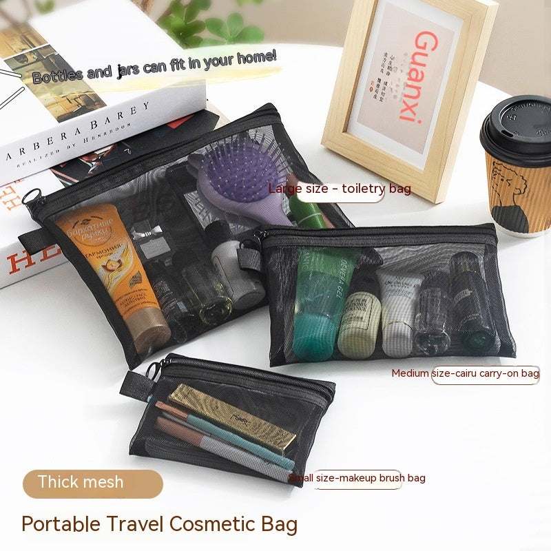 Set of three transparent mesh makeup organizer bags in large, medium, and small sizes with zipper closures for travel and cosmetic storage