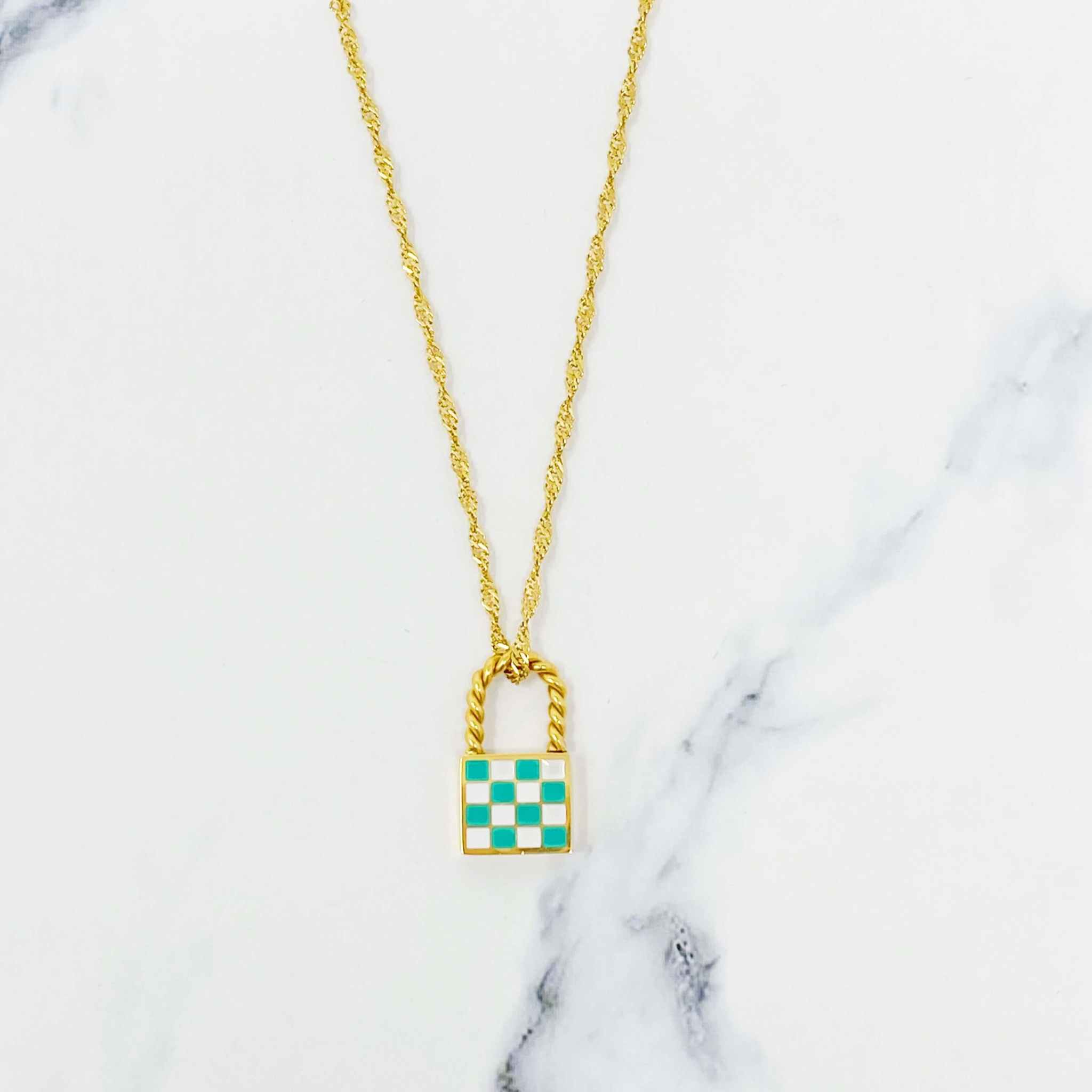 Trendy vintage checkered locket pendant necklace with twist chain in 18K gold plated stainless steel.