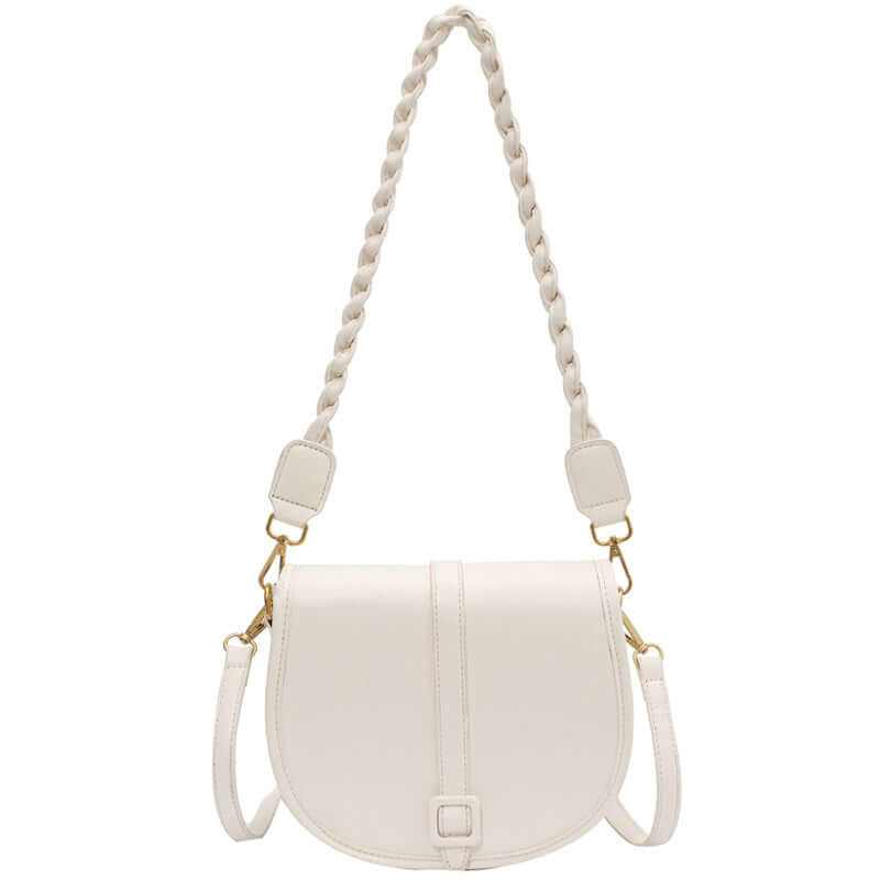 White PU stylish women’s saddle messenger purse with braided strap and gold accents.