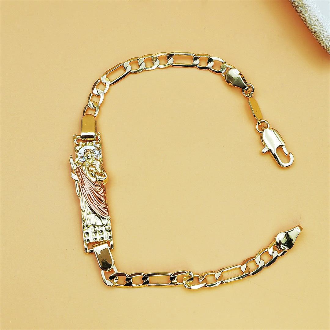 Two-color copper bracelet with religious Saint Jude pendant and chain link design