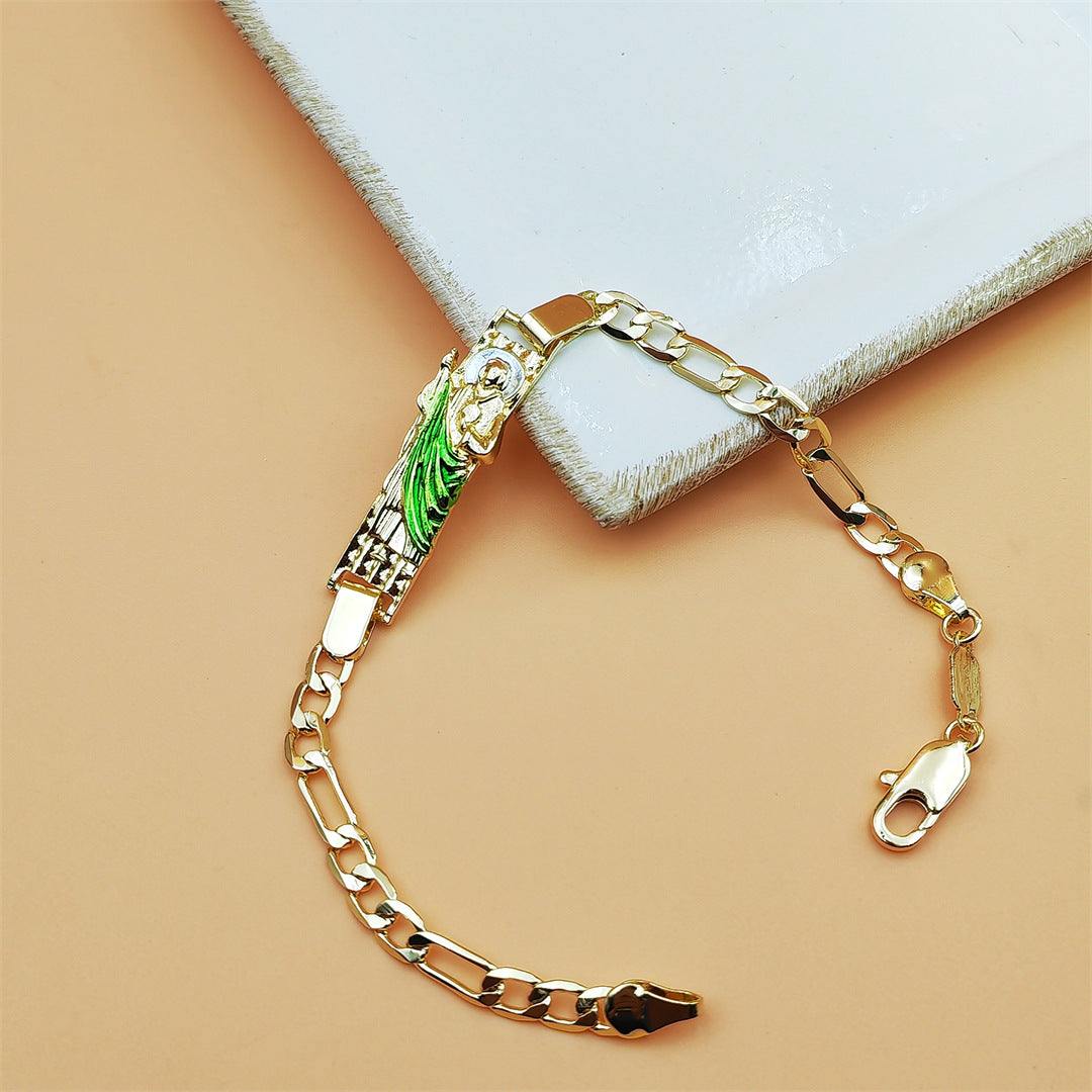 Two-color copper bracelet with religious priest St Jude design and green enamel details