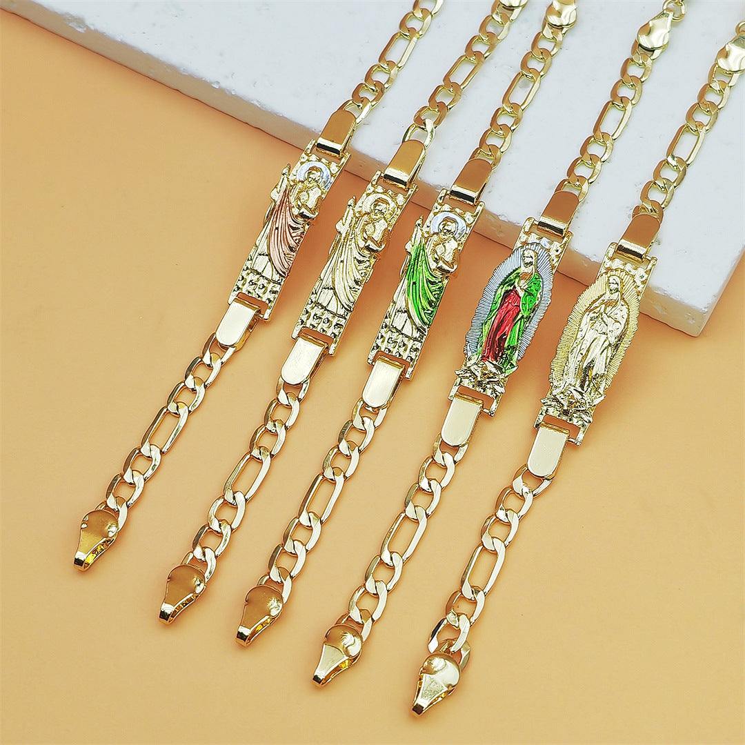 Two-color religious priest St Jude niche copper bracelet with exotic style chain links
