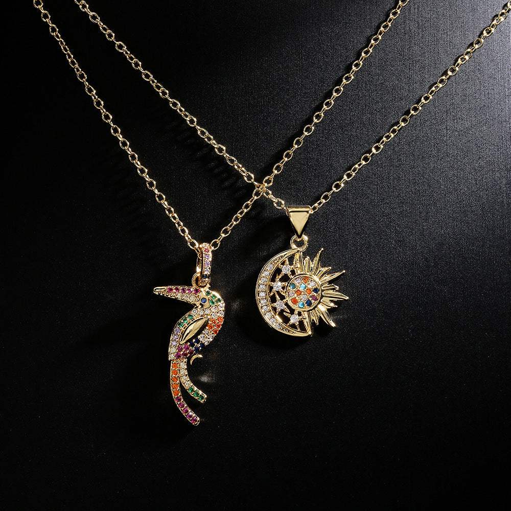 Unique design copper celestial pendant necklace with colorful zircon stones on black background