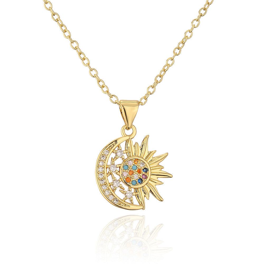 Unique design copper celestial pendant necklace with sun and moon charm adorned with colorful zircon stones