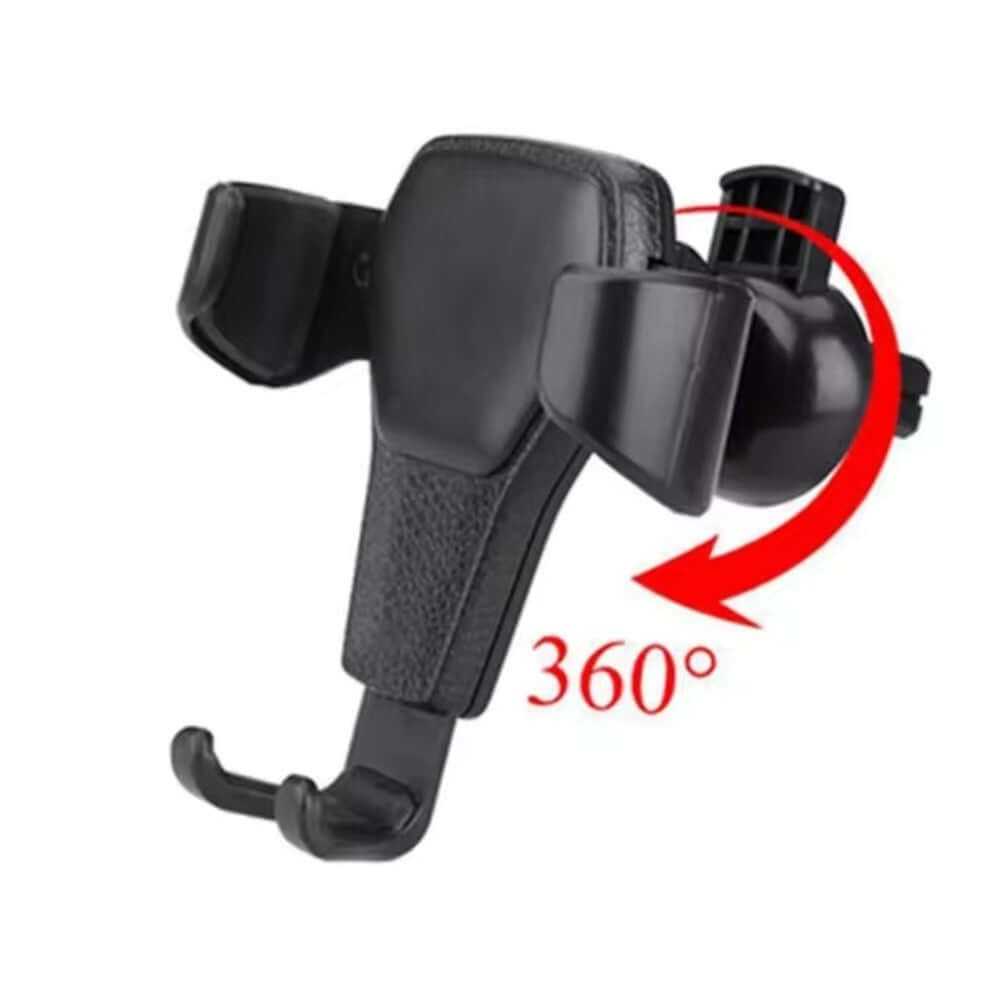 360-degree adjustable gravity phone holder for car air vent, compatible with smartphones for secure mounting.