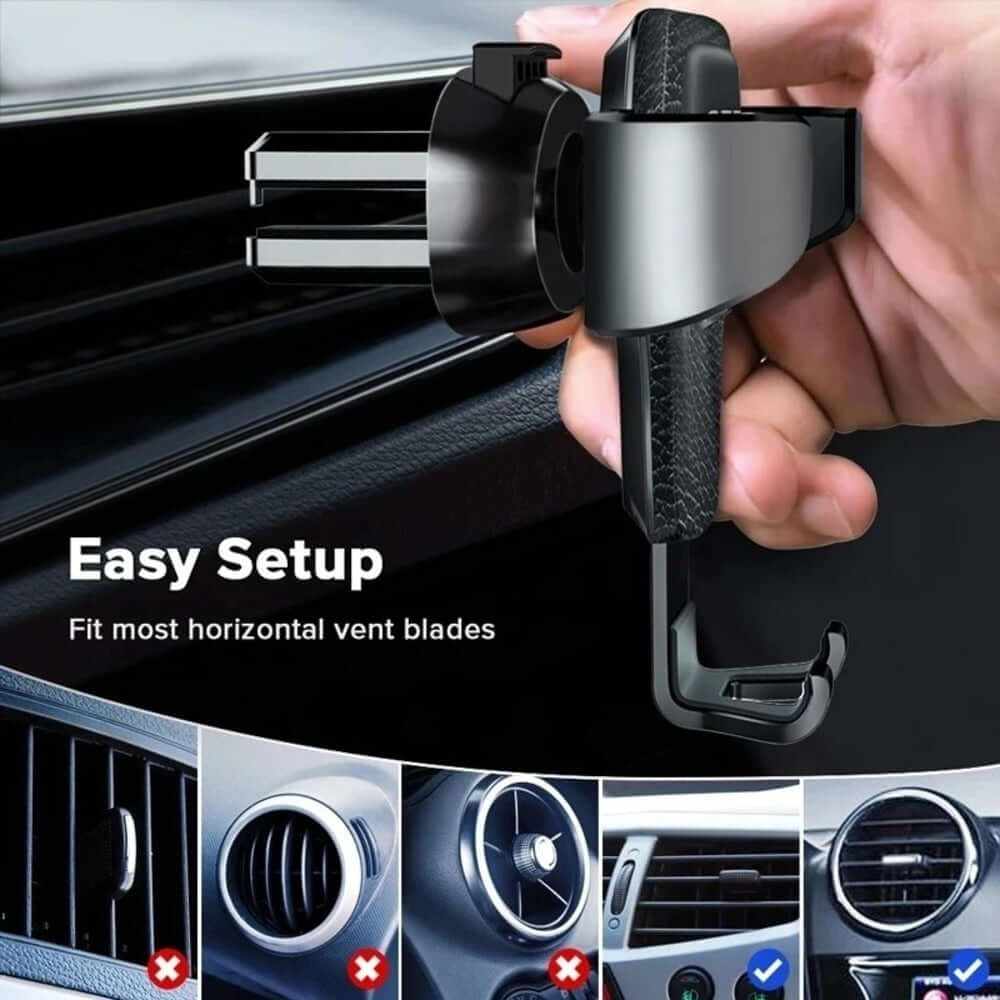 Universal Gravity Phone Holder easily attaches to car air vent for smartphones with intuitive setup and secure grip.