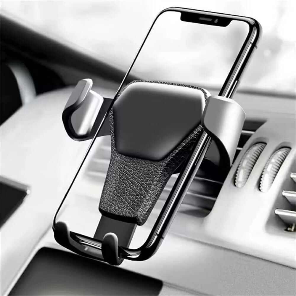 Universal gravity phone holder car air vent mount for smartphones, featuring one-hand operation and secure grip.