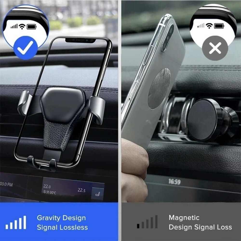Comparison of gravity phone holder and magnetic mount for car, highlighting signal loss differences.
