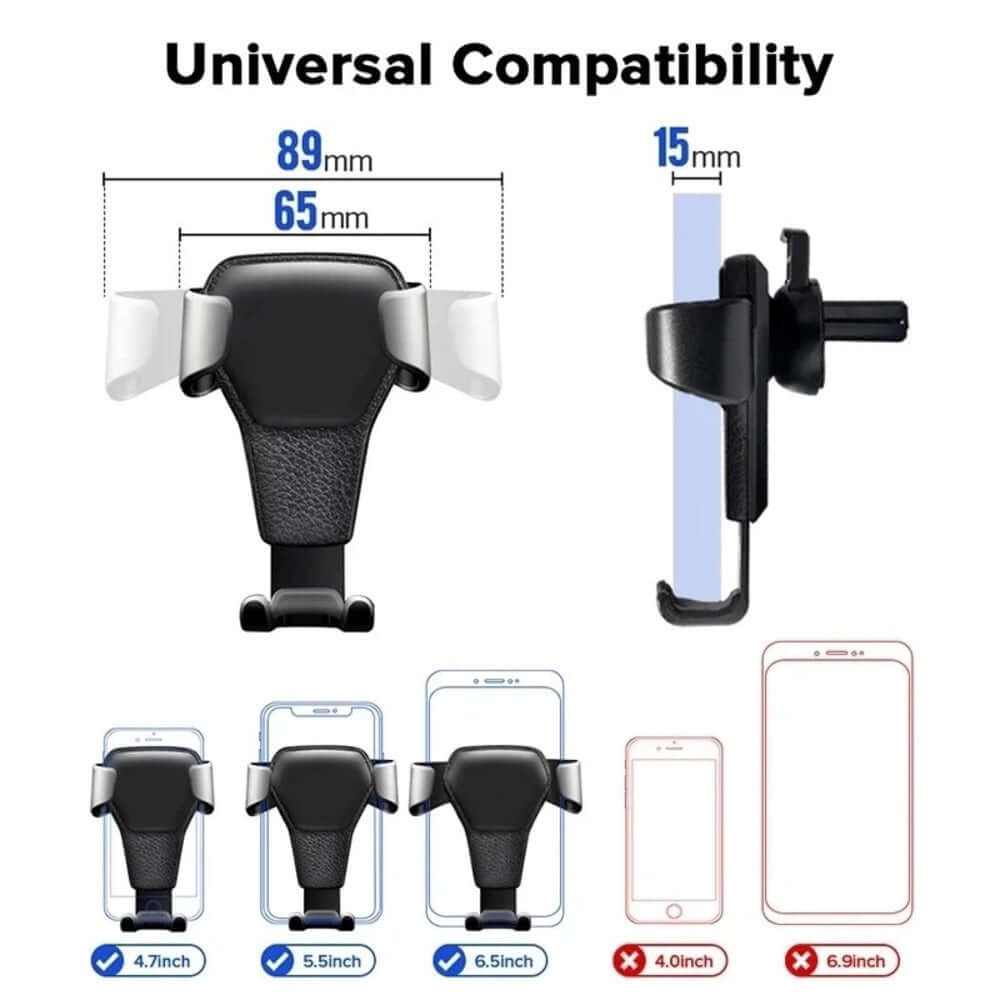 Universal compatibility phone holder dimensions with measurements for various smartphone sizes.