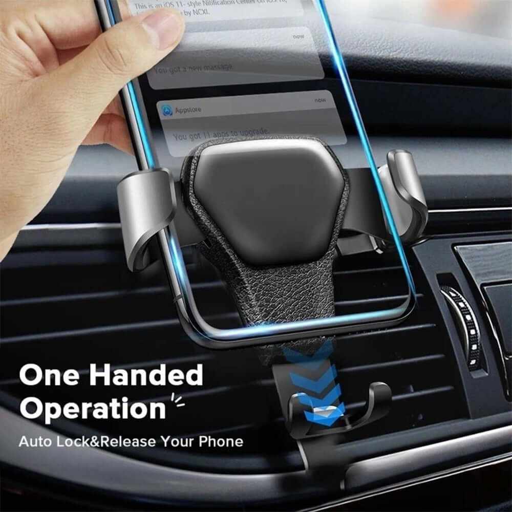 Universal gravity phone holder for car air vent, featuring one-handed operation for easy phone access.
