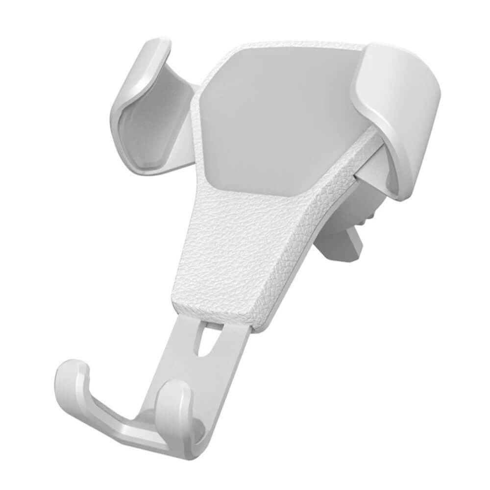 White universal gravity phone holder designed for car air vent, ideal for smartphones and GPS support.
