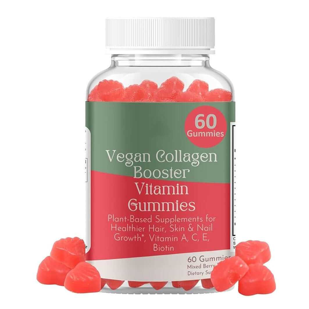 Vegan Collagen Booster Vitamin Gummies for healthier hair, skin, and nails in a jar with mixed berry gummies.