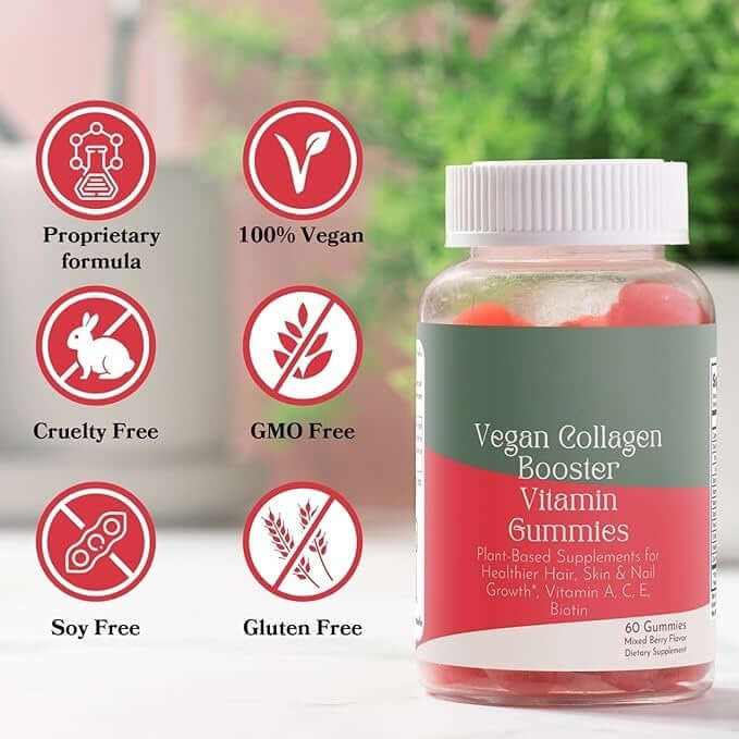 Vegan Collagen Booster Vitamin Gummies for healthier hair, skin, and nails, featuring 100% vegan, cruelty-free, and gluten-free labels.