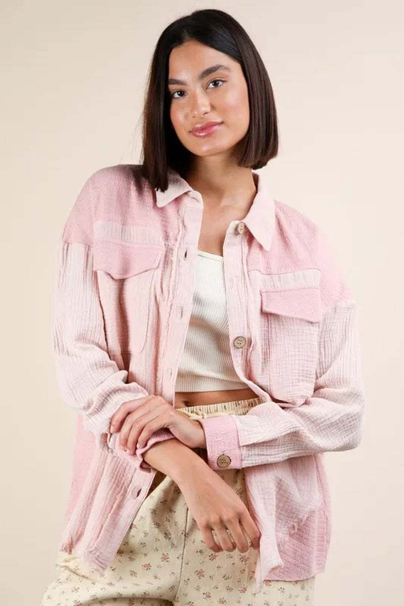 Model wearing VERY J Mineral Washed Oversized Gauze Shacket in pink with relaxed fit and vintage look.