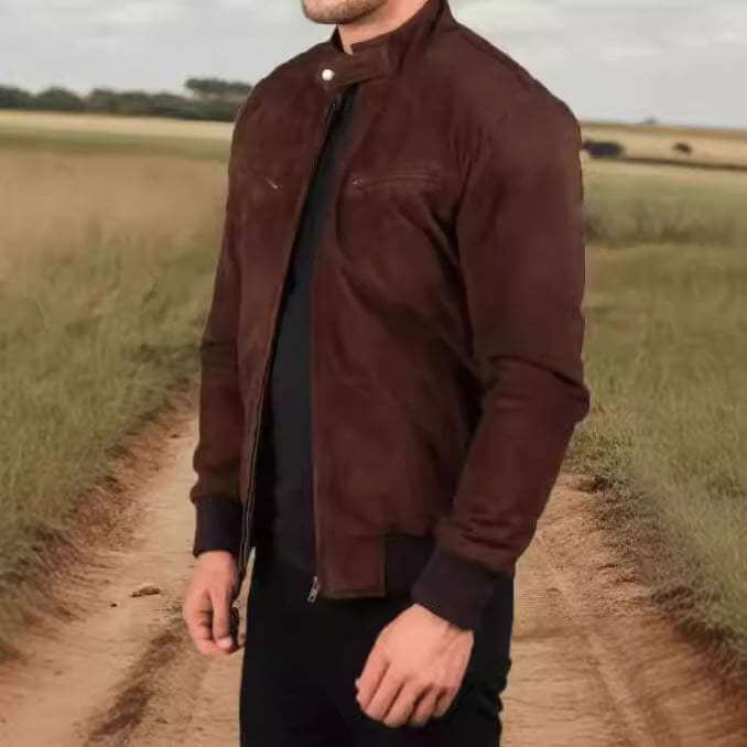 Men's vintage brown suede jacket with zipper and stand collar on outdoor path