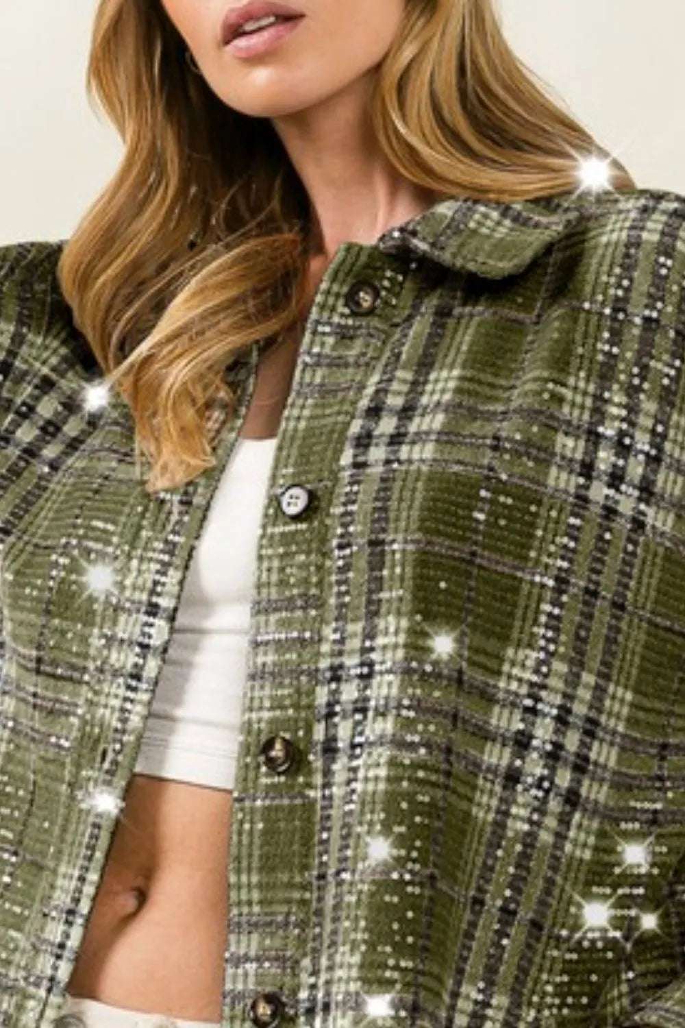 Vintage plaid sparkle jacket for women featuring clear sequins for a stylish and glamorous look.