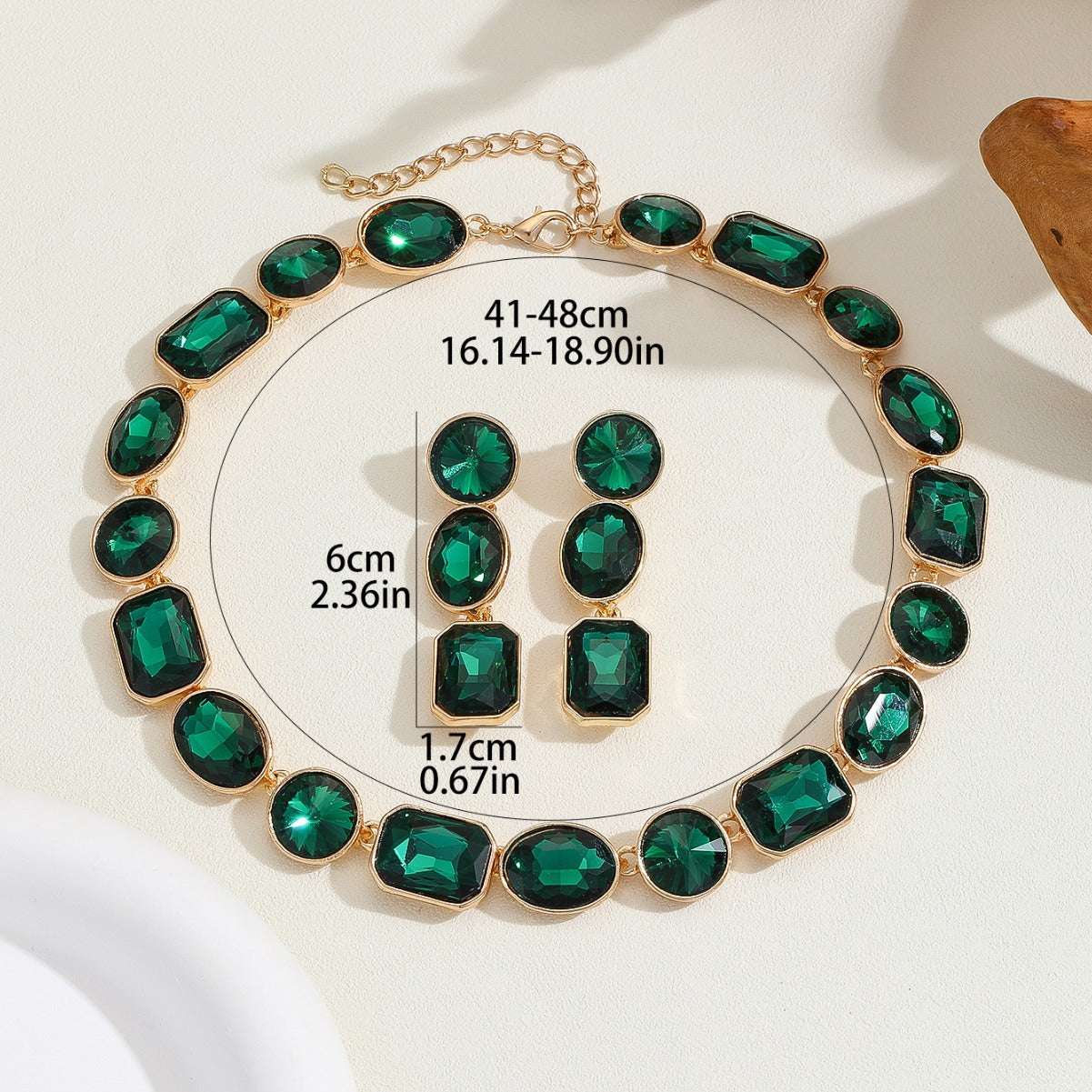 Vintage style crystal jewelry set with green gemstones, handmade unisex necklace and earrings with pearl accents