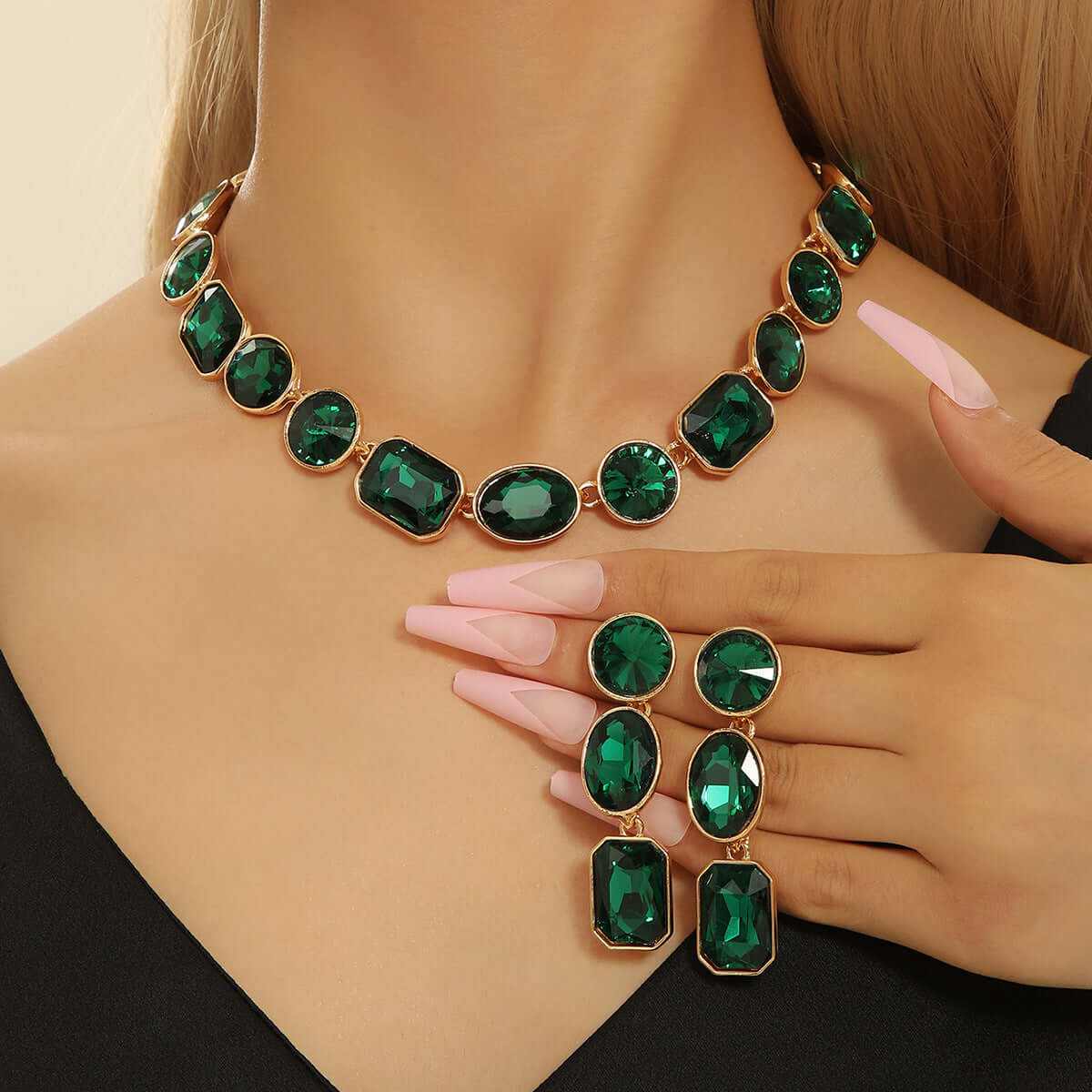 Vintage style crystal jewelry set featuring handmade green gemstone necklace and matching earrings with pearl accents