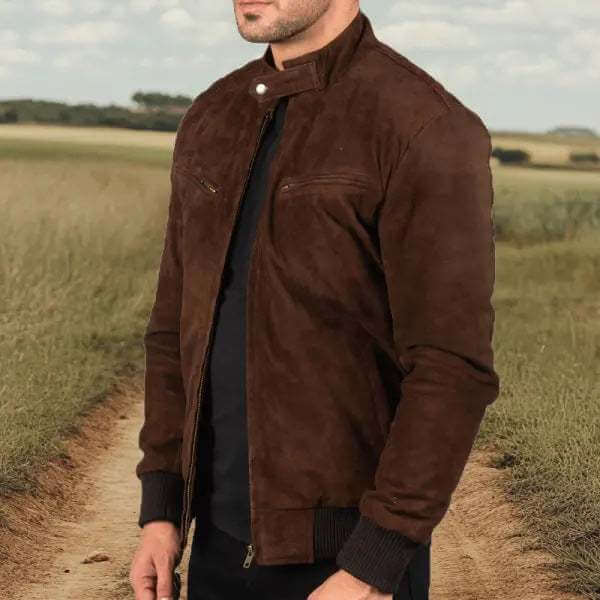 brown vintage suede jacket for men in British style with zip front and stick pockets