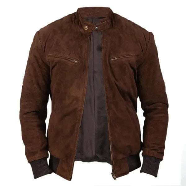 brown vintage suede jacket for men with British style, solid color, zip front, and long sleeves