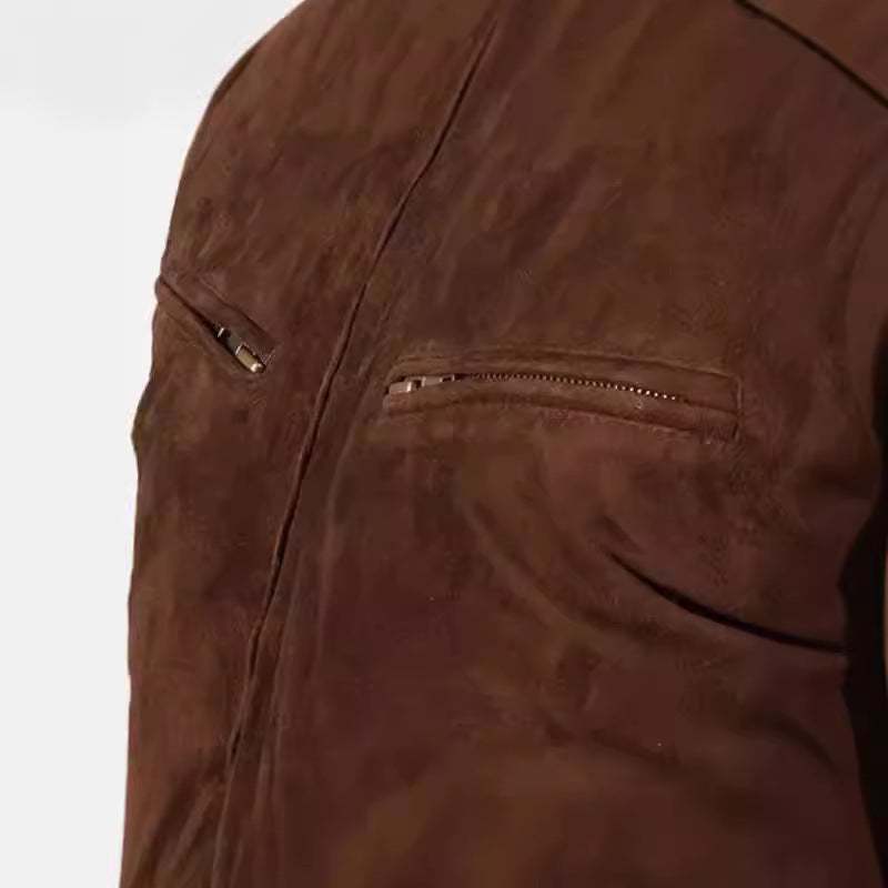 brown vintage suede jacket for men with zippered pockets and British style design