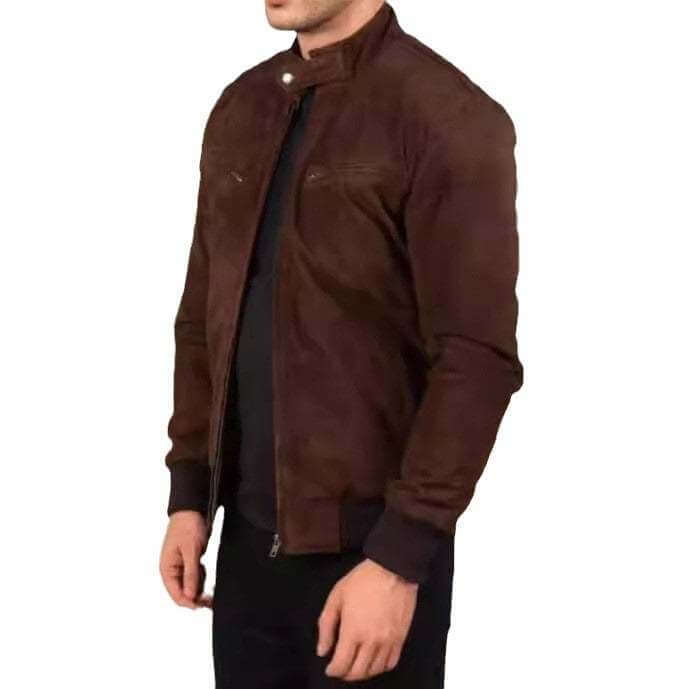 brown vintage suede jacket for men with British style and zip closure