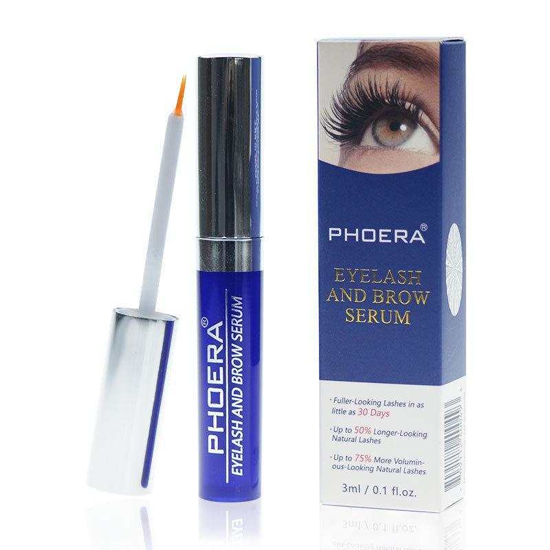 Volumizing Home Mascara eyelash and brow serum for eyelash growth with 3ml clear tube and applicator brush next to product box showing eye with long lashes
