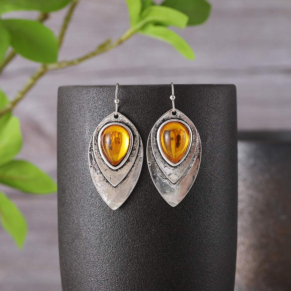 Antique silver water drop design bohemian leaf earrings with amber stones
