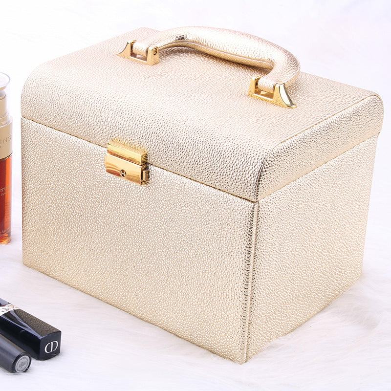 gold wooden water-resistant outdoor makeup case with handle and lock
