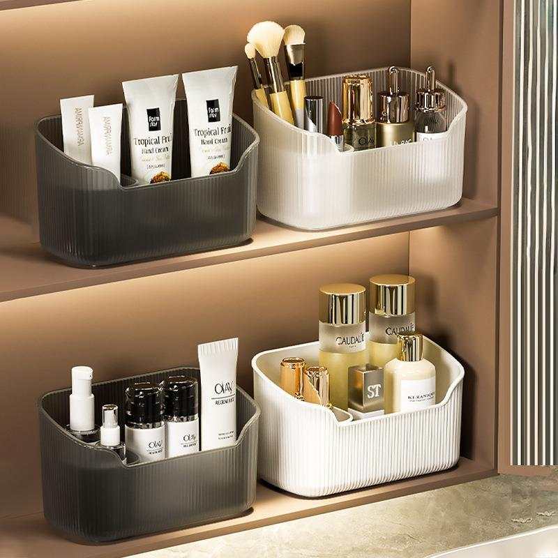waterproof spacious plastic makeup storage boxes in black and white holding cosmetics and brushes on shelf